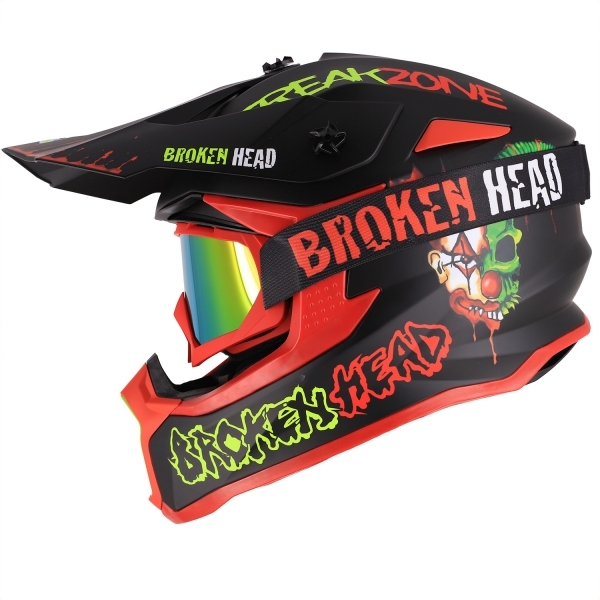 Broken Head Dirthelm FreakZone Schwarz-Grün-Rot Set + MX-2 Brille