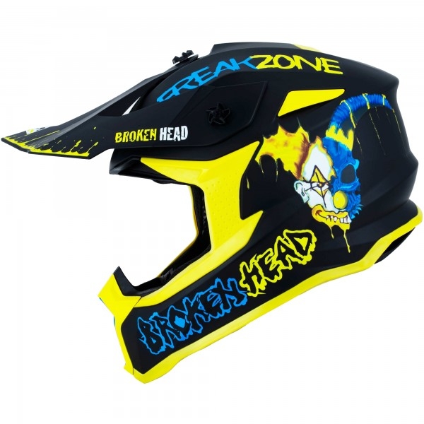 Broken Head Supermoto und MX-Helm FreakZone Schwarz-Gelb-Blau
