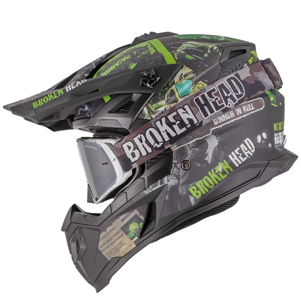 Broken Head Supermoto- &amp; Motocross-Helm Resolution Grün + MX-Brille Regulator Schwarz