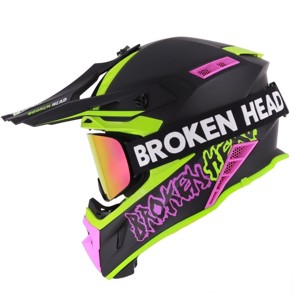 Broken Head Crosshelm Hunter Light Grün-Pink + MX-Brille Struggler Pink