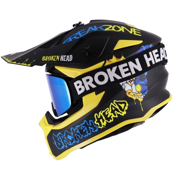 Broken Head Crosshelm FreakZone Schwarz-Gelb-Blau + MX-Brille Struggler Blau